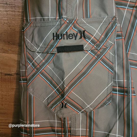 Vtg Hurly Cargo Plaid Board Shorts 38 Olive Multi Embroidered Logo Preppy Beach - Picture 3 of 12